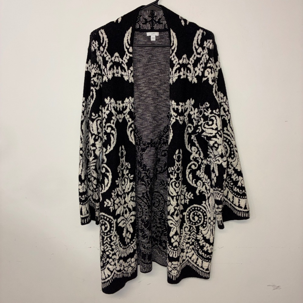 356 J. Jill Cardigan S Black White Damask Jacquard Open Front Longline Sweater